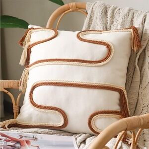 Braided Mid Century Cream Pillow Case Fringed Neutral Textured Boho Farmhouse